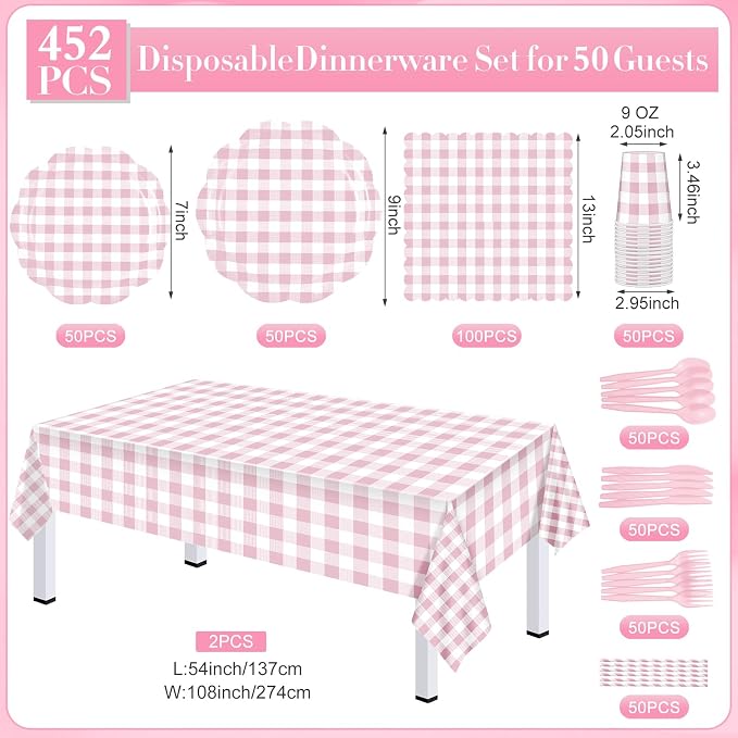 Funnymoom 452 Pcs Pink Gingham Party Supplies for 50 Guests, Pink Gingham Paper Plates Napkins Cup Tablecloth Disposable Tableware for Wedding Bridal & Baby Shower Party BBQ Picnic Birthday Decoration