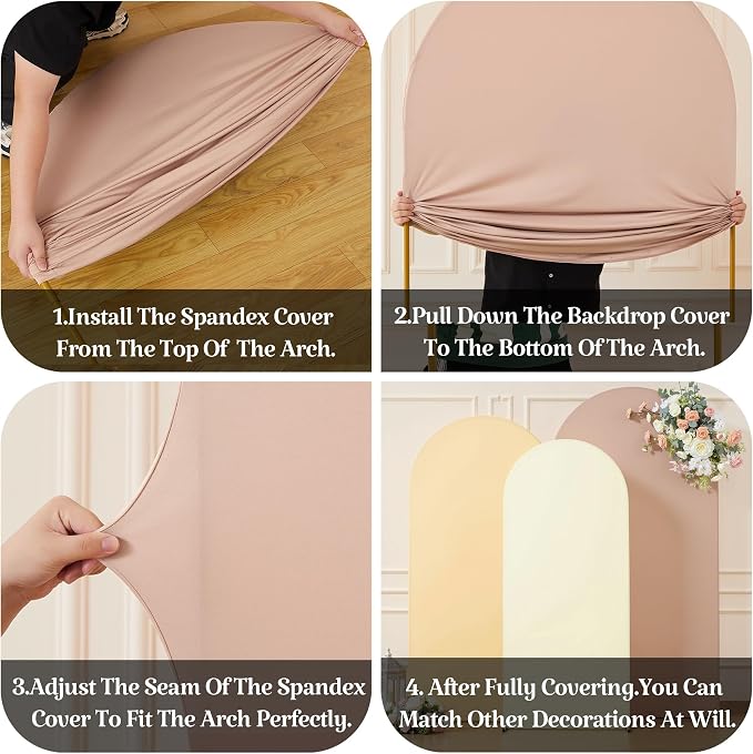 Set of 3 Arch Backdrop Covers(6ft, 5ft, 4ft) - Premium Stretchy Spandex Backdrop Arch Stand Cover for Baby Shower,Wedding,Party Decor Chiara Cover with Double-Sided Design(Cream Nude Champagne)