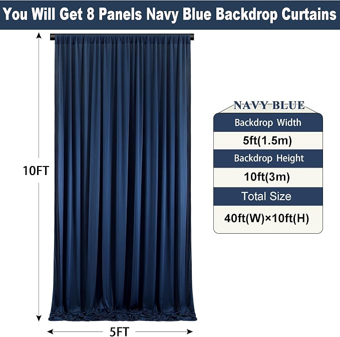 40ft×10ft Navy Blue Wrinkle Free Backdrop Curtains for Parties, 8 Panels 5×10ft Thick Silky Polyester Navy Photo Backdrop Drapes Curtains for Graduation Party Birthday Baby Shower Wedding Photography
