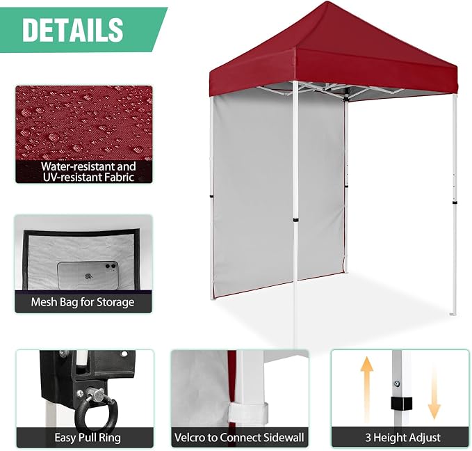 5x5 Pop Up Canopy Tent with One Sidewall, Instant Portable Beach Canopy, Outdoor Tent with Carry Bag for Camping, Sports, Tailgating, Events, Burgundy