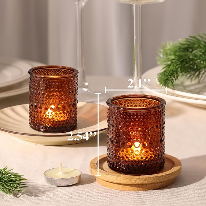 30 Pcs Amber Votive Candle Holders, Amber Glass Candle Holder with Polka Dot Embossed, Vintage Votive Candle Holders for Boho Weddings, Home Decor, Baby Shower, Special Occasions