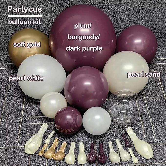 Dark Purple White Balloon Arch Kit, Double Stuffed Plum Mauve Burgundy Pearl White Sand Gold Balloon Garland with Clear Bobo Latex for Birthday Baby Shower Wedding Graduation Mothers Day Party Decor