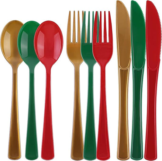 Kochorie 300 Pieces Christmas Plastic Silverware Heavy Duty Plastic Cutlery Set Heavyweight Disposable Flatware Includes Christmas Spoons Forks Knifes for Christmas New Year Party