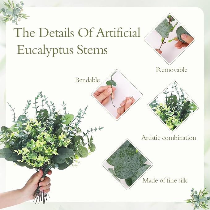 Eucalyptus Leaves Stems 90 PCS, 6 Kinds Mixed Greenery Bulk, Faux Silver Dollar Eucalyptus Stems, for DIY Bouquets Floral Arrangement Wedding