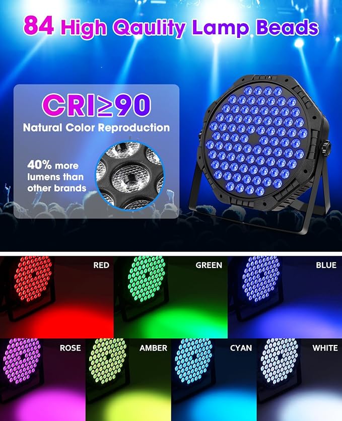 84LEDs Stage Lights 1 Pack 150W RGB Par Light Corded Party Uplights with Sound Activated and DMX Control for DJ, Disco, Wedding, Club, Bars, Birthday Party, Festivals Stage Lighting
