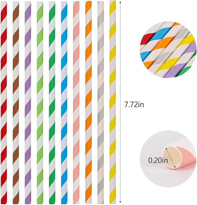 200Pcs Biodegradable Straws, 10 Colors Striped Paper Straws, Disposable Drinking Straws for Cocktail, Coffee, Lemonade
