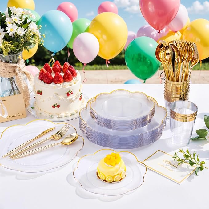 ejonirinjonir EI 180pcs Clear and Gold Plastic Plates with Plastic Silverware,Dinnerware Plate Set for Party,Disposable Plates Heavy Duty Clear Gold Cups for Wedding,Birthday,Spring Afternoon Tea