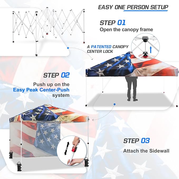 EAGLE PEAK Commercial Canopy 10x10 Pop Up Canopy Tent with 1 Sidewall, Easy Setup Heavy Duty Instant Event Shelter for Vendors & Markets, Outdoor Sun Shade, Stars and Stripes