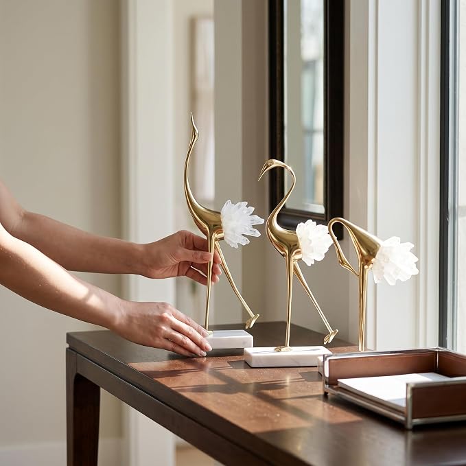 suruim Elegant Gold Crane Bird Statues with Crystal Tail Accents, Decorative Brass Figurines for Home Decor (White C)