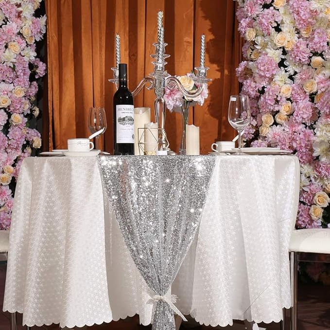 JYFLZQ Silver Sequin Table Runner 12"x108" Pack of 5 Glitter Sequin Fabric Table Linens - Sparkly Runners for Wedding & Birthday Party Decor
