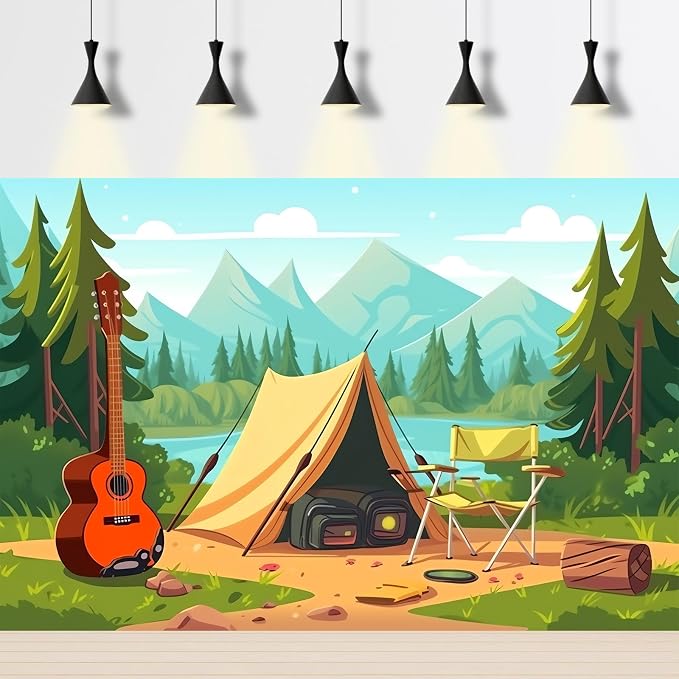 Cartoon Camping Backdrop Mountain Forest Lake Scenery Outdoor Campfire Photography Background Camper Tent Theme Birthday Party Backdrop Climbing Hiking Sign Guitar Backpacks Background 5x4ft