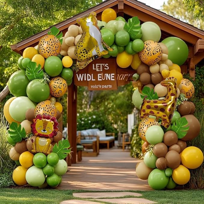 Sage Green Brown Balloons Double Stuffed Dusty Olive Green Mustard Yellow Balloon Arch Animal Print Balloons Palm Leaves for Baby Shower Birthday Safari Jungle Woodland Wild One Tropical Party Decor