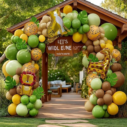 Sage Green Brown Balloons Double Stuffed Dusty Olive Green Mustard Yellow Balloon Arch Animal Print Balloons Palm Leaves for Baby Shower Birthday Safari Jungle Woodland Wild One Tropical Party Decor