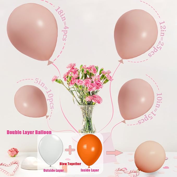 Pink09 Double Stuffed Cream Peach Pink Balloons Different Sizes 18/12/10/5 Inch, Double Stuffed Pastel Pink Balloon Arch Garland for Boho Party, Baby Shower, Birthday, Weddings(Peachy Cream)