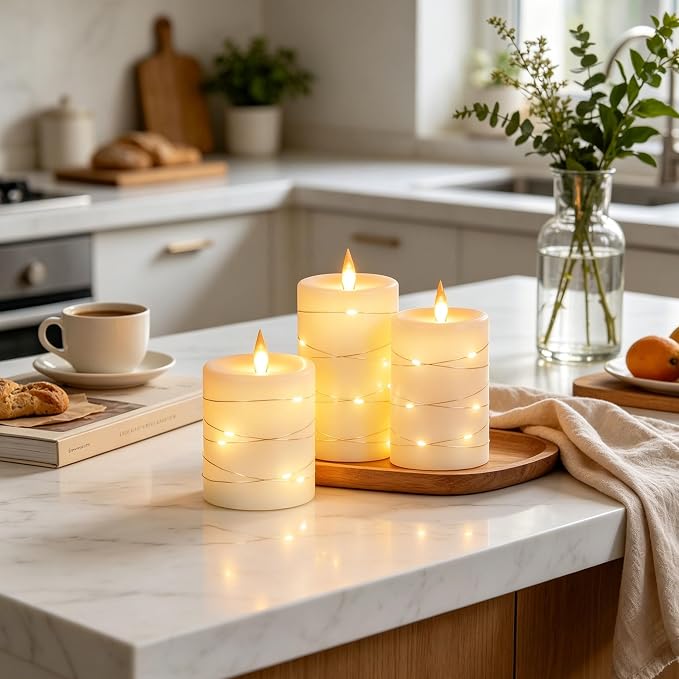 Da by 3 Pack Ivory Real Wax Flameless Taper Candles, Lifelike Flickering LED Flame Candles with Surrounding Copper String Lights, Soft Warm Battery Candles with Remote for Home Wedding Holiday Decor