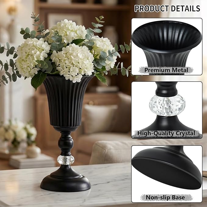 11.6 inches Metal Wedding Flower Trumpet Stripe Vases Table Centerpieces for Artificial Flower Arrangements for Anniversary Celebration/Wedding/Party/Birthday Event Aisle Home Decor (Black, 2pcs)