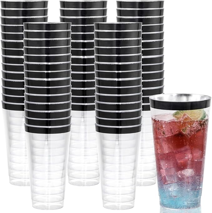 LIYH 100 Pcs 16 oz Black Rim Disposable Plastic Cups – Clear Fancy Party Cups for Weddings Cocktails Party 480ml