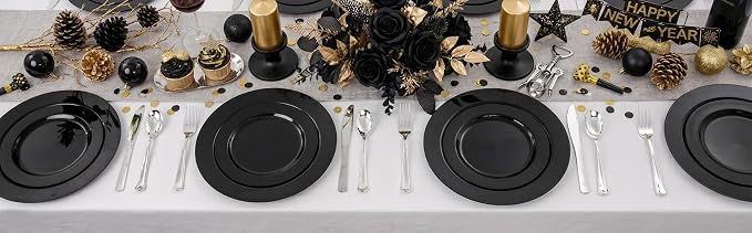 FLOWERCAT 60PCS Black Plastic Plates - Heavy Duty Black Disposable Plates for 30 guests Graduation Party/Wedding/Memorial Day - Include 30PCS 10.25inch Dinner Plates and 30PCS 7.5inch Dessert Plates