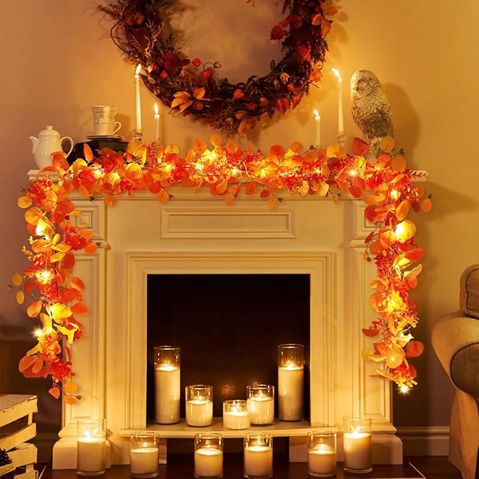 N&T NIETING Fall Eucalyptus Garland, 6FT Artificial Eucalyptus Garland with Lights, Fall Garlands Fall Decorations for Home Thanksgiving Table Fireplace Mantle Party Outdoor(4 Pack)