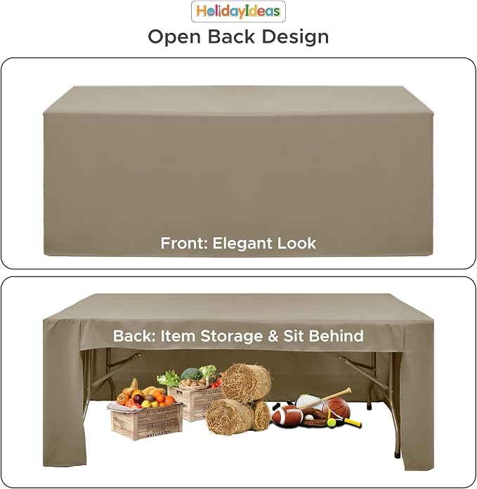HolidayIdeas 4-Pack 6ft Open Back Fitted Tablecloths for Craft Shows Taupe | 3-Sided coverage wrinkle resistant tablecloths for vendor booths,banquet events,outdoor pop-up shop