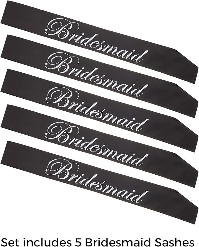 Ella Celebration Bridesmaid Double Layer Sash Set, Black Satin Bridal Shower Bachelorette Party Accessories Sashes (Bridesmaid, Set of 5)