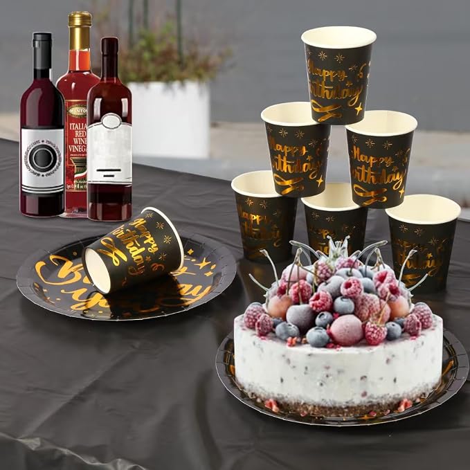 201 Pieces Birthday Plate Set, Birthday Decorations, Includes Paper Plates, Paper Cups, Straws, Napkins, Tablecloths, and Plastic Knives, Forks, and Spoons, Suitable for parties of 25 people!（Black）