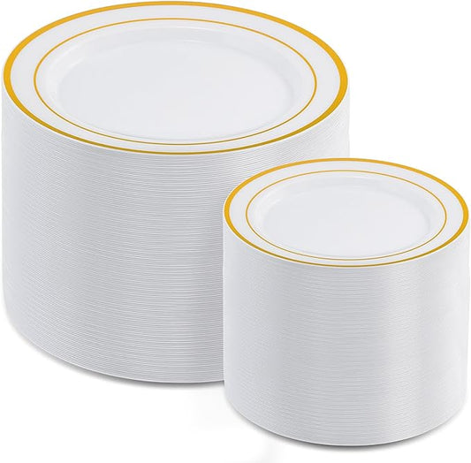 AOZITA 200PCS Gold Plastic Plates Set, Heavy Duty Disposable Plates for Party & Wedding, Includes 100 Dinner Plates and 100 Dessert Salad Plates, Elegant White with Gold Rim Dinnerware