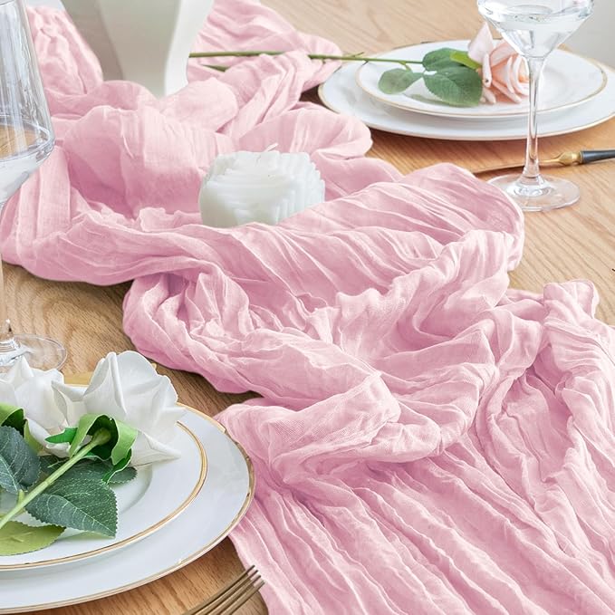 12PCS Table Runner Cheesecloth 10FT Blushing Pink Boho Gauze Cheese Cloth Rustic Sheer Table Runners for Wedding Bridal Baby Shower Party Decoration