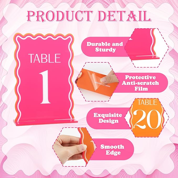 Wedding Acrylic Table Number 1-20 with 20Pcs Stands Pink & Orange, 5"x7" Elegant Place Card Centerpiece Decorations for Indoor Outdoor Wedding Bridal Shower Anniversary Party Reception