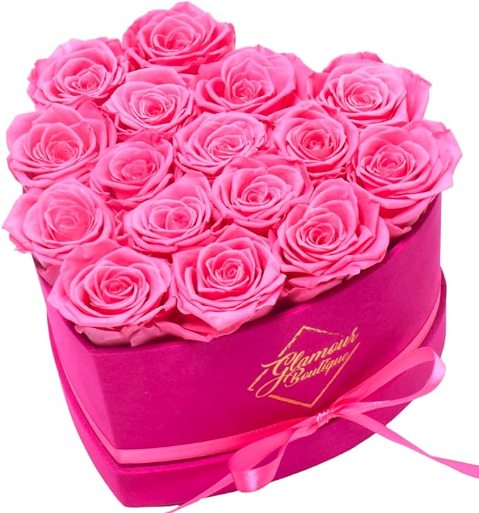 GLAMOUR BOUTIQUE 16 Flower Forever Heart Shape Box, Mothers Day Gift For Mom, Eternal Preserved Roses Gift for Her, Flowers bouquet, For Birthday, Anniversary, Girlfriend - Velvet Pink (Color-Treated)