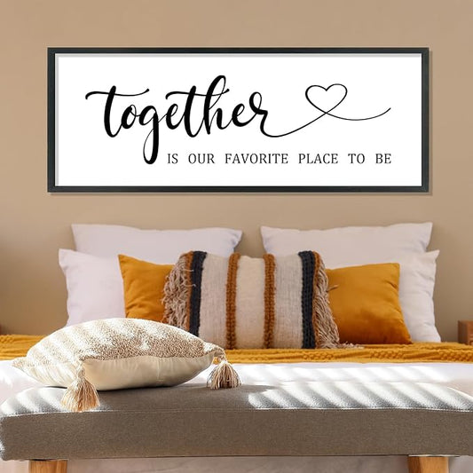 Couples Bedroom Decor Together is Our Favorite Place to Be Wall Art Sign | 40x15 Inch Black Wood Frame, Rustic Farmhouse Style, Above Bed Sign, Wedding Idea for Husband Wife, Ready to Hang