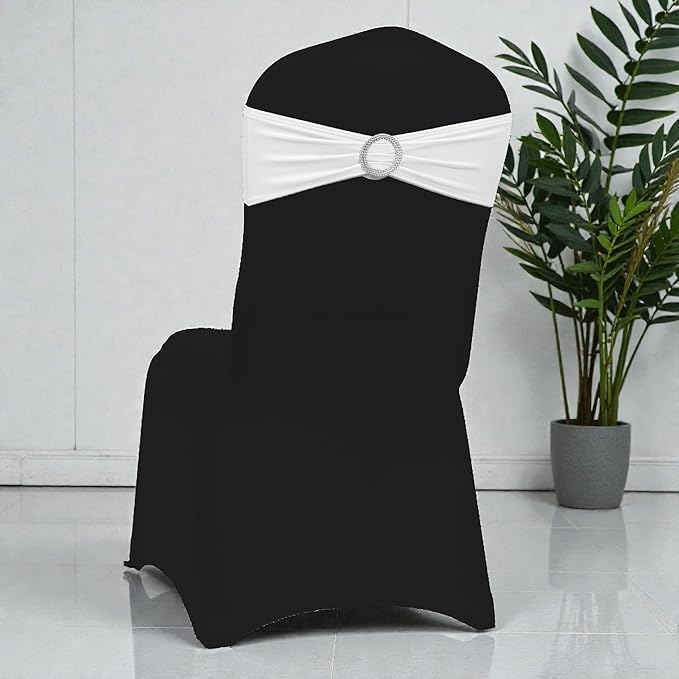 MDS Pack of 75 Spandex Chair Sashes Bow Premium Stretch Chair Cover Band with Buckle Slider Universal fits Elastic Dining Chair Ties for Wedding Party Banquet Events Decoration - White