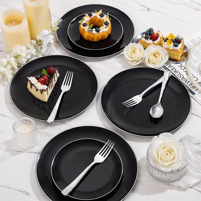 bUCLA 100PCS Black Plastic Plates - Heavy Duty Black Disposable with Silver Rim Include 50 Each (10 inch Dinner & 7 inch Dessert) Plates, Ideal for Party & Graduation