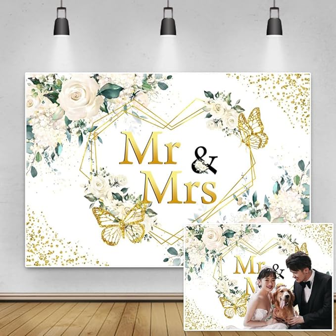 12x8ft Mr&Mrs Bridal Shower Backdrop White Floral Gold Glitter Dots Hearts Geometric Butterfly Photography Background for Couples Wedding Party Decoration Bride to Be Engagement Banner Props