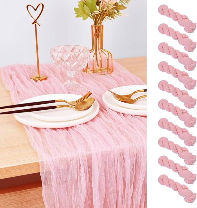 Joanlody Blushing Pink Cheesecloth Table Runner Spring Summer 10Ft Rustic Gauze Boho Cheese Cloth Table Runner for Wedding Bridal Baby Shower Decoration 10 Pack