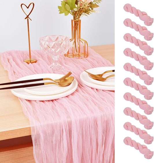 Joanlody Blushing Pink Cheesecloth Table Runner Spring Summer 10Ft Rustic Gauze Boho Cheese Cloth Table Runner for Wedding Bridal Baby Shower Decoration 10 Pack