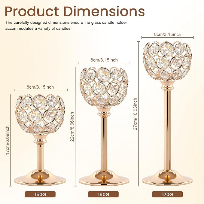 Gold Crystal Candle Holders Candlestick Holders - 2 Sets Tall Bling Bowl Candelabra Centerpieces for Dining Table, Wedding, Party & Fireplace Mantel Decor,6Pcs