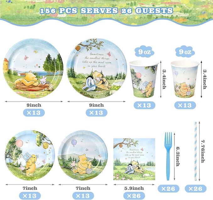 156 Pcs Winnie Bear Baby Shower Plates and Napkins Tableware Set, Plates Napkins Cups Straws and Forks Sets, Winnie Baby Shower Decorations Birthday Party Supplies, Serves 26 Guests