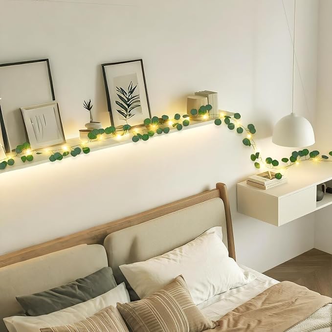 JMEXSUSS 33 FT 100 LED Eucalyptus Vine Fairy Lights, Vines with Lights Battery Operated with Remote, Eucalyptus Leaf Light Garland Indoor Outdoor for Bedroom Wall Classroom Party Decor(Warm White)