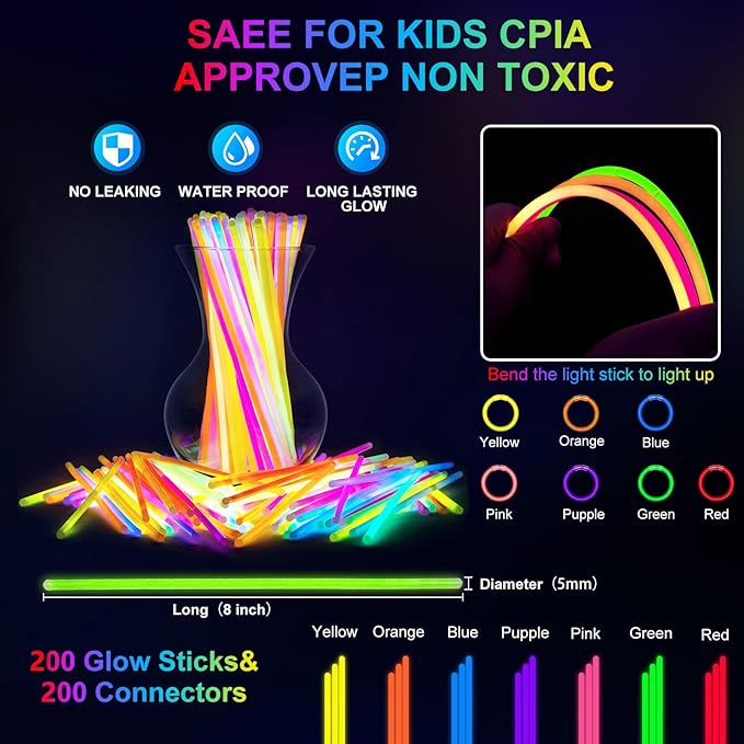OLUPP 282 PCS Glow in the Dark Party Supplies, 18 Foam Sticks, 18 LED Glasses, 200 Glow Sticks, 30 Finger Lights, 8 Bunny Ear Headband and 8 LED Cat Ear Headband for Wedding,Birthday,Concert,New Year