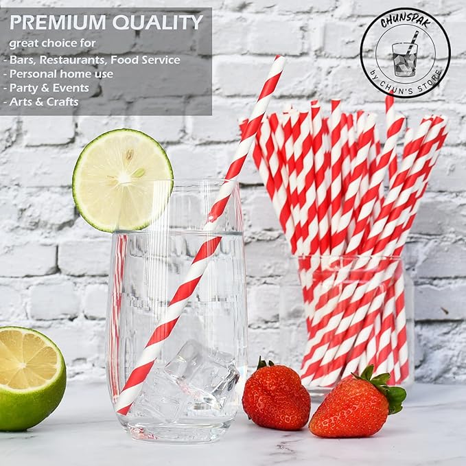 Disposable Paper Drinking Straws, Red Striped, 7.75" x0.24", 1000 Counts - Restaurant Pack