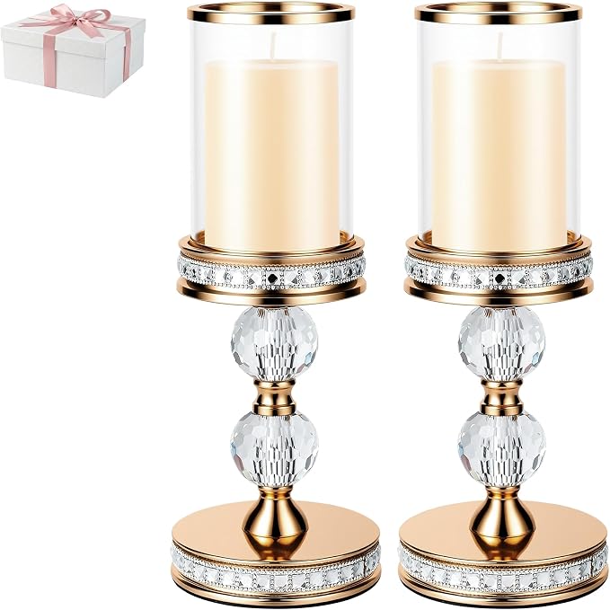 12.4" Tall Hurricane Candle Holder, Pillar Candle Holders with Glass Sleeve with Gift Box, Crystal Candle Stands for Home Warming, Weddiing, Dining Room Decor, Table Centerpiece (2, Gold, M)