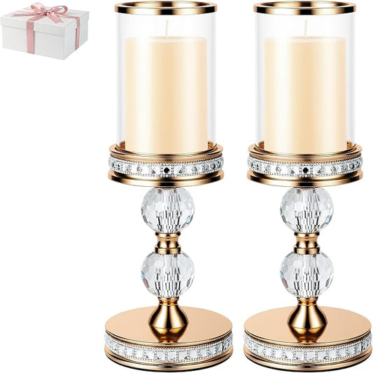 12.4" Tall Hurricane Candle Holder, Pillar Candle Holders with Glass Sleeve with Gift Box, Crystal Candle Stands for Home Warming, Weddiing, Dining Room Decor, Table Centerpiece (2, Gold, M)