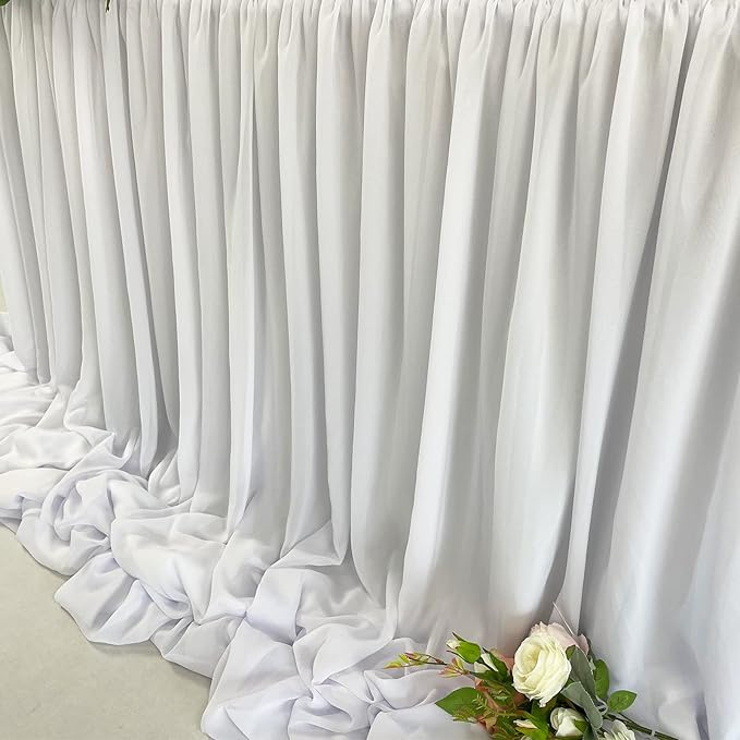 Pooling and Floating Chiffon Table Skirt with extra length, 6FT 9FT 14FT Sheer Tablecloth, Baby Shower, Birthdays Party, Main Cake Table Decoration, Wdding Table Skirt (White, 9FT)