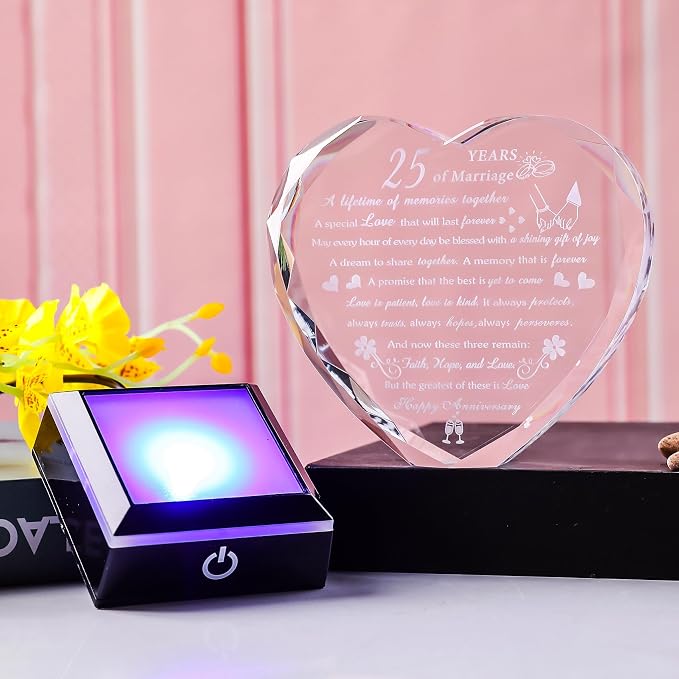 25th Wedding Anniversary Crystal Gifts for Couples Parents, Romantic Heart 25th Anniversary Keepsake Gifts for Her Him, 25 Years of Anniversary Marriage Gifts for Wife Husband