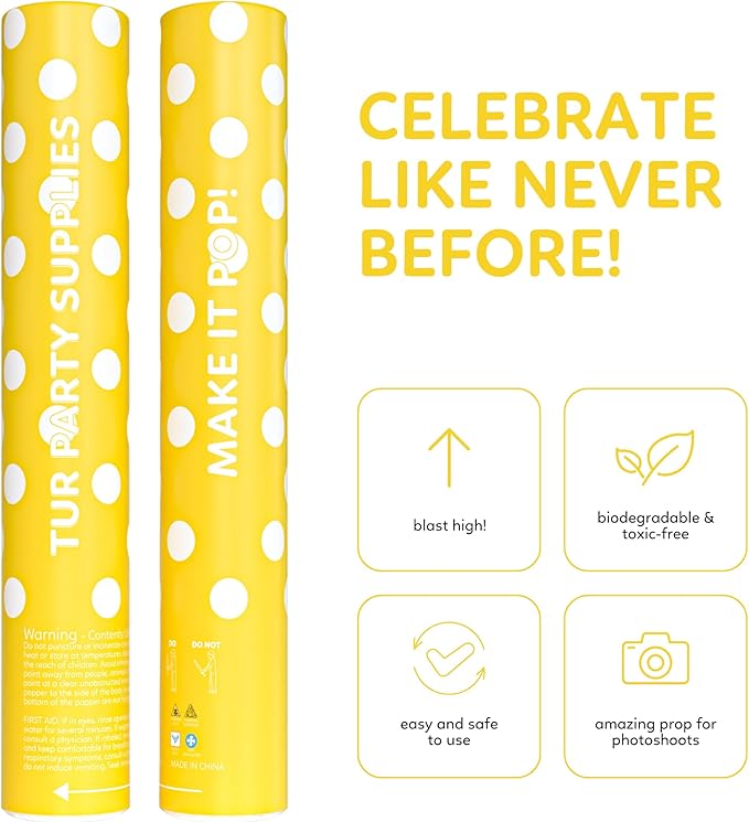 Yellow Powder Cannons Smoke Bombs Biodegradable Poppers | 2 Pack | Launch up to 25 ft | 12 inch | Decorations For Photoshoots, Gender Reveal, Celebrations, Festivals, and Parties | TUR Party Supplies