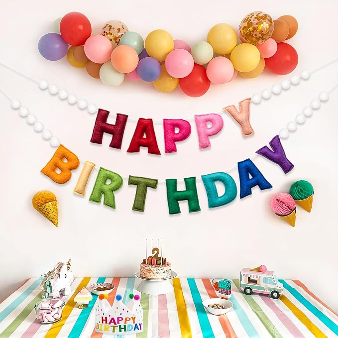 2Pcs Upgraded Pre-Strung Ultra-Soft Wool Felt Happy Birthday Banner Sign, Felt Ball Garland, Rainbow Theme Party Decorations, Reusable Colorful Birthday Garland for Party Decor, Room Decor, Photo Prop