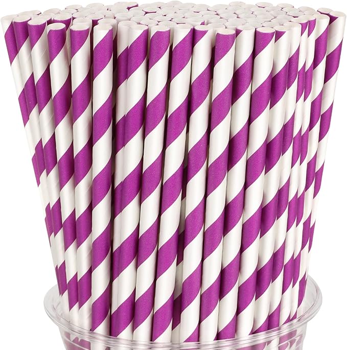100 Packs Purple Biodegradable Striped Paper Straws, Disposable Drinking Straws for Birthday Carnival Summer Pool Party Wedding Baby Shower Halloween Christmas Party Decoration Supplies