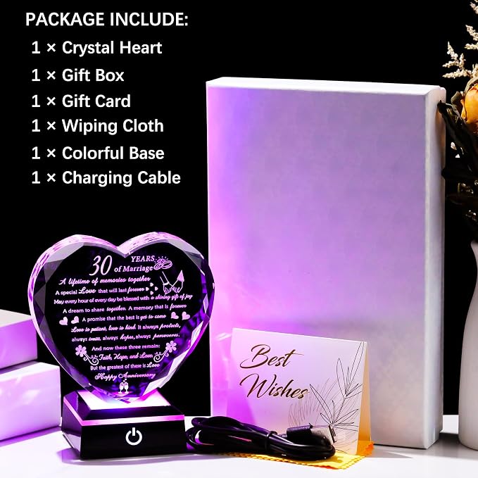 30th Wedding Anniversary Crystal Gifts for Couples Parents Romantic 30th Anniversary Heart Gifts for Her Him with Colorful LED Base 30 Years of Marriage Gift for Wife Husband