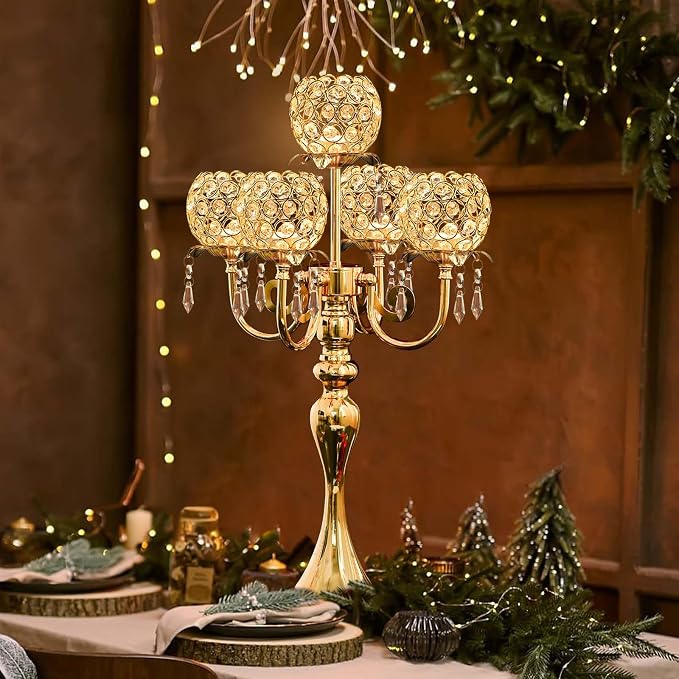 1Pc 22.5 Inch 5-Arm Tea Light Crystal Candle Holder/Candlestick, Exquisite and Gorgeous Crystal Candelabra Table Centerpiece for Wedding/Holiday Events, Parties & Home Decor
